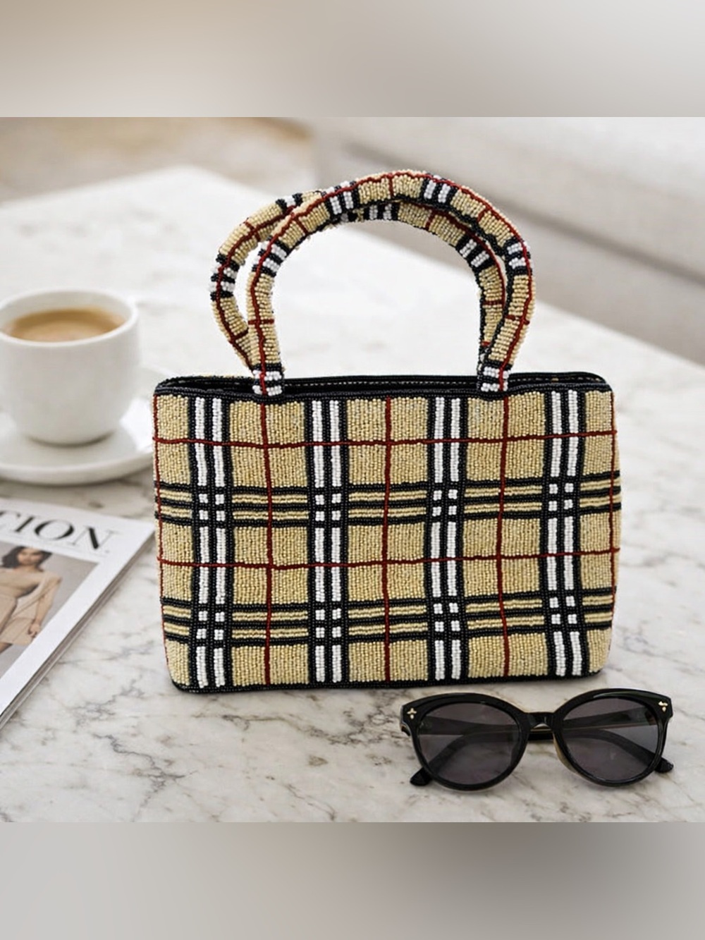 Beaded Plaid Tote Bag in Beige and Black